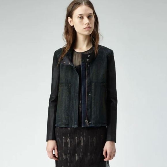 HELMUT HELMUT LANG Funnel Neck Denim Jacket in a dark wash | size small - Picture 2 of 14